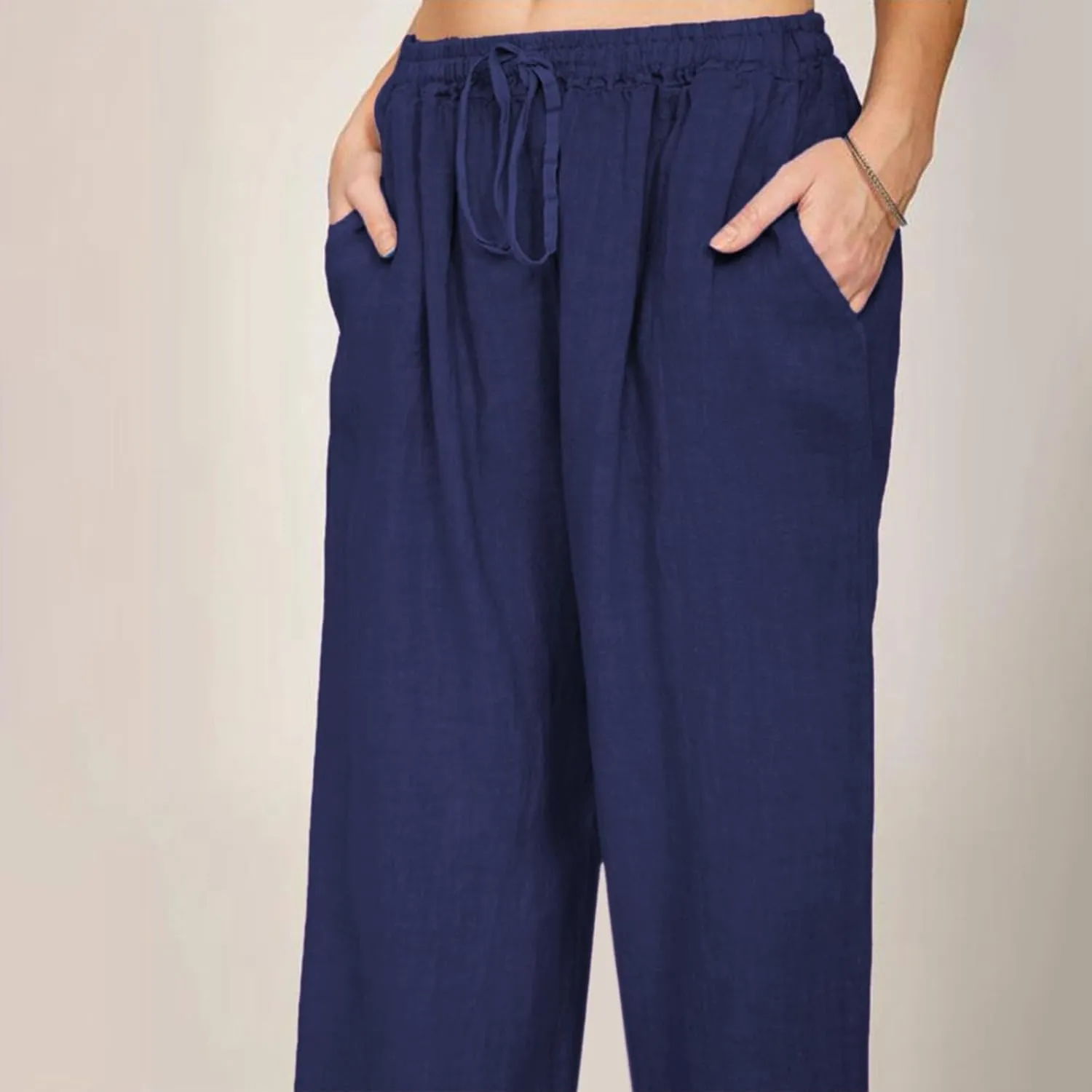 Linen Drawstring Pants Women 2025 Baggy Y2K Summer Stretchy Boho Beach Pants Relaxed Loose Fit Elastic Lightweight Trousers