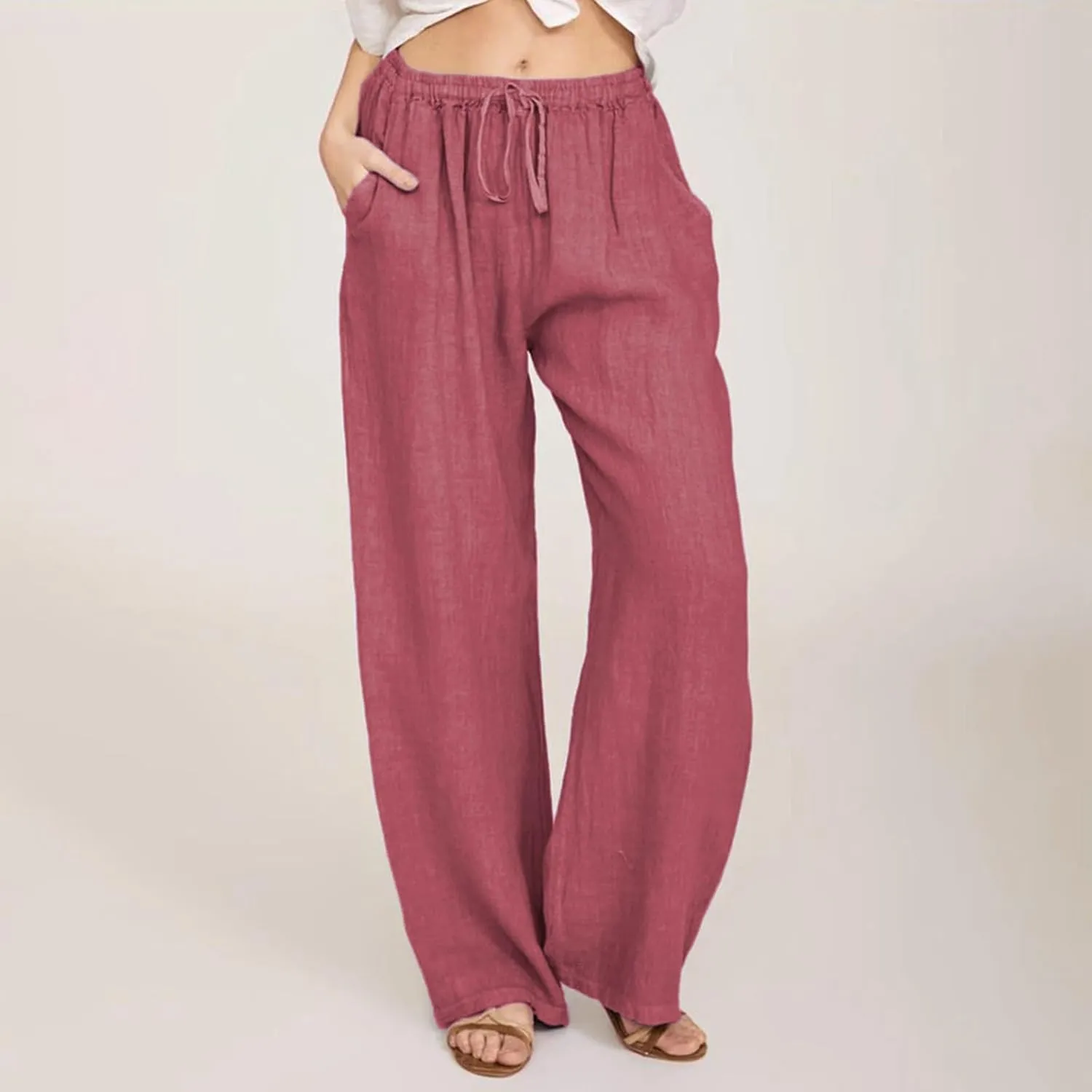 Linen Drawstring Pants Women 2025 Baggy Y2K Summer Stretchy Boho Beach Pants Relaxed Loose Fit Elastic Lightweight Trousers