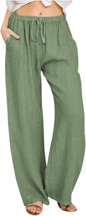 Linen Drawstring Pants Women 2025 Baggy Y2K Summer Stretchy Boho Beach Pants Relaxed Loose Fit Elastic Lightweight Trousers