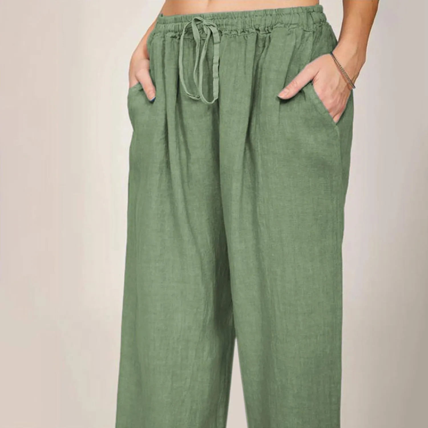 Linen Drawstring Pants Women 2025 Baggy Y2K Summer Stretchy Boho Beach Pants Relaxed Loose Fit Elastic Lightweight Trousers