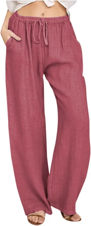Linen Drawstring Pants Women 2025 Baggy Y2K Summer Stretchy Boho Beach Pants Relaxed Loose Fit Elastic Lightweight Trousers