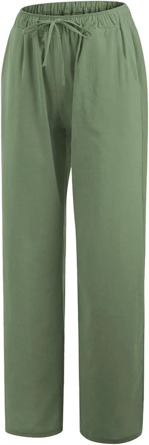 Linen Drawstring Pants Women 2025 Baggy Y2K Summer Stretchy Boho Beach Pants Relaxed Loose Fit Elastic Lightweight Trousers