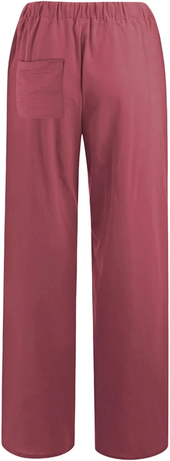 Linen Drawstring Pants Women 2025 Baggy Y2K Summer Stretchy Boho Beach Pants Relaxed Loose Fit Elastic Lightweight Trousers