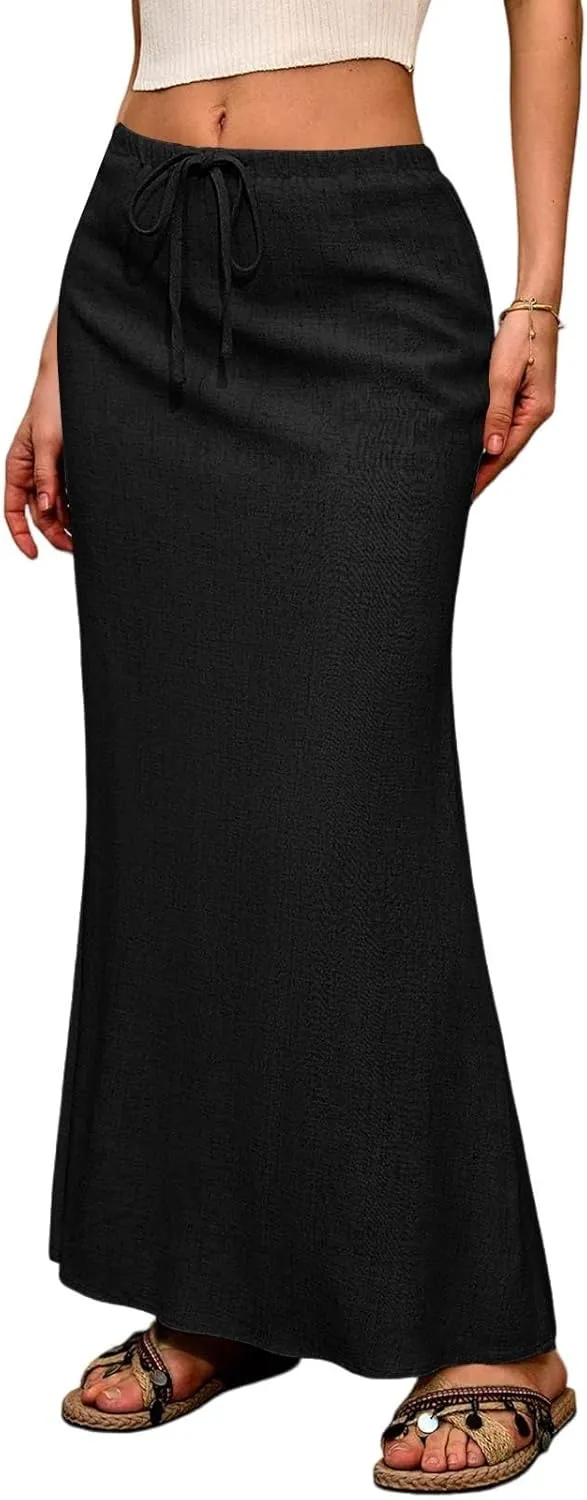 Linen Maxi Skirts for Women Summer Boho Low Rise A-Line Skirts Beach Vacation Long Flowy Fishtail Skirt with Back Slit