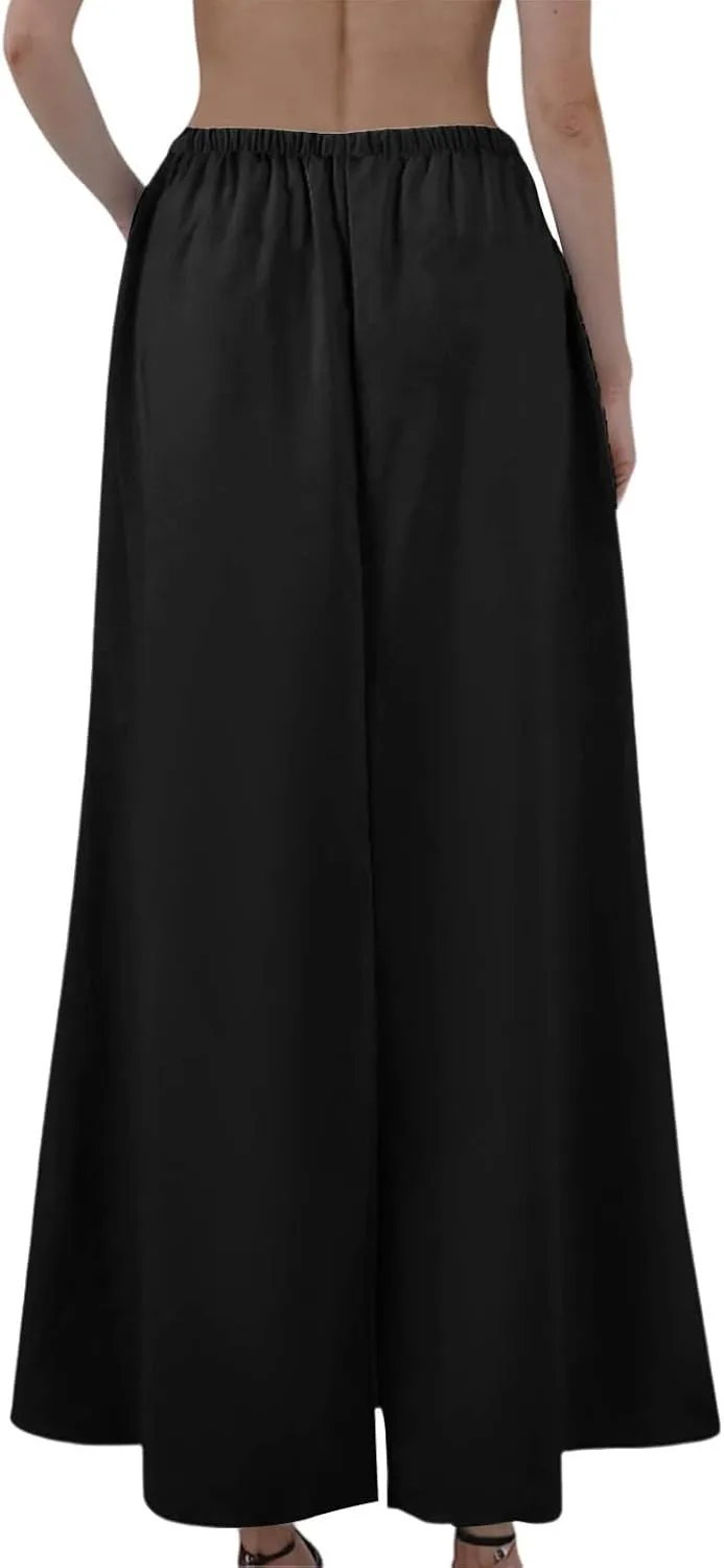 Linen Maxi Skirts for Women Summer Boho Low Rise A-Line Skirts Beach Vacation Long Flowy Fishtail Skirt with Back Slit