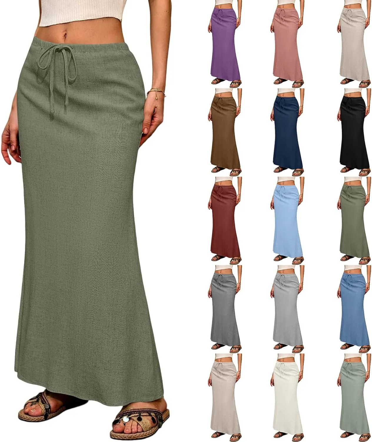 Linen Maxi Skirts for Women Summer Boho Low Rise A-Line Skirts Beach Vacation Long Flowy Fishtail Skirt with Back Slit