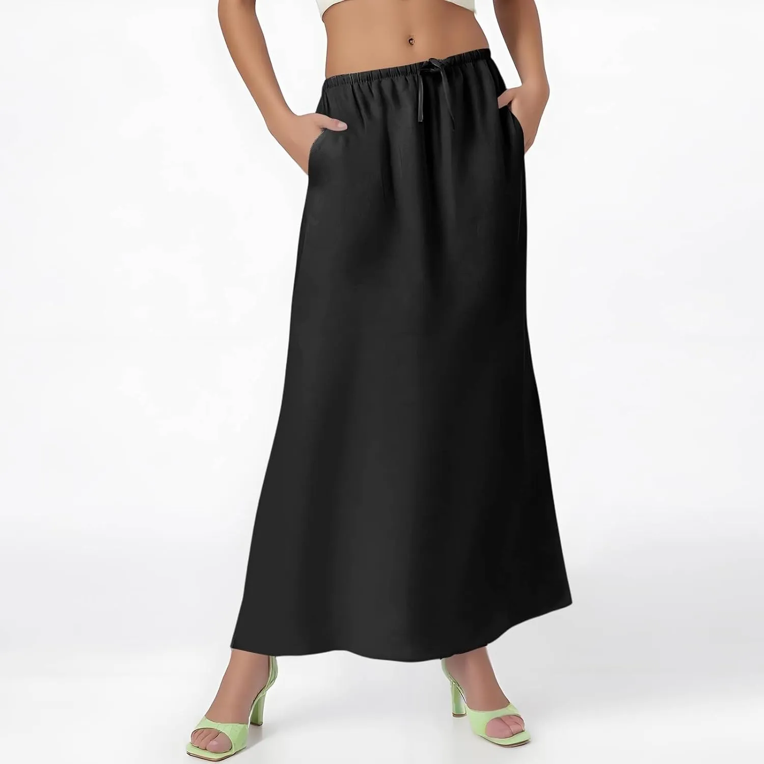 Linen Maxi Skirts for Women Summer Boho Low Rise A-Line Skirts Beach Vacation Long Flowy Fishtail Skirt with Back Slit