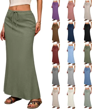 Linen Maxi Skirts for Women Summer Boho Low Rise A-Line Skirts Beach Vacation Long Flowy Fishtail Skirt with Back Slit