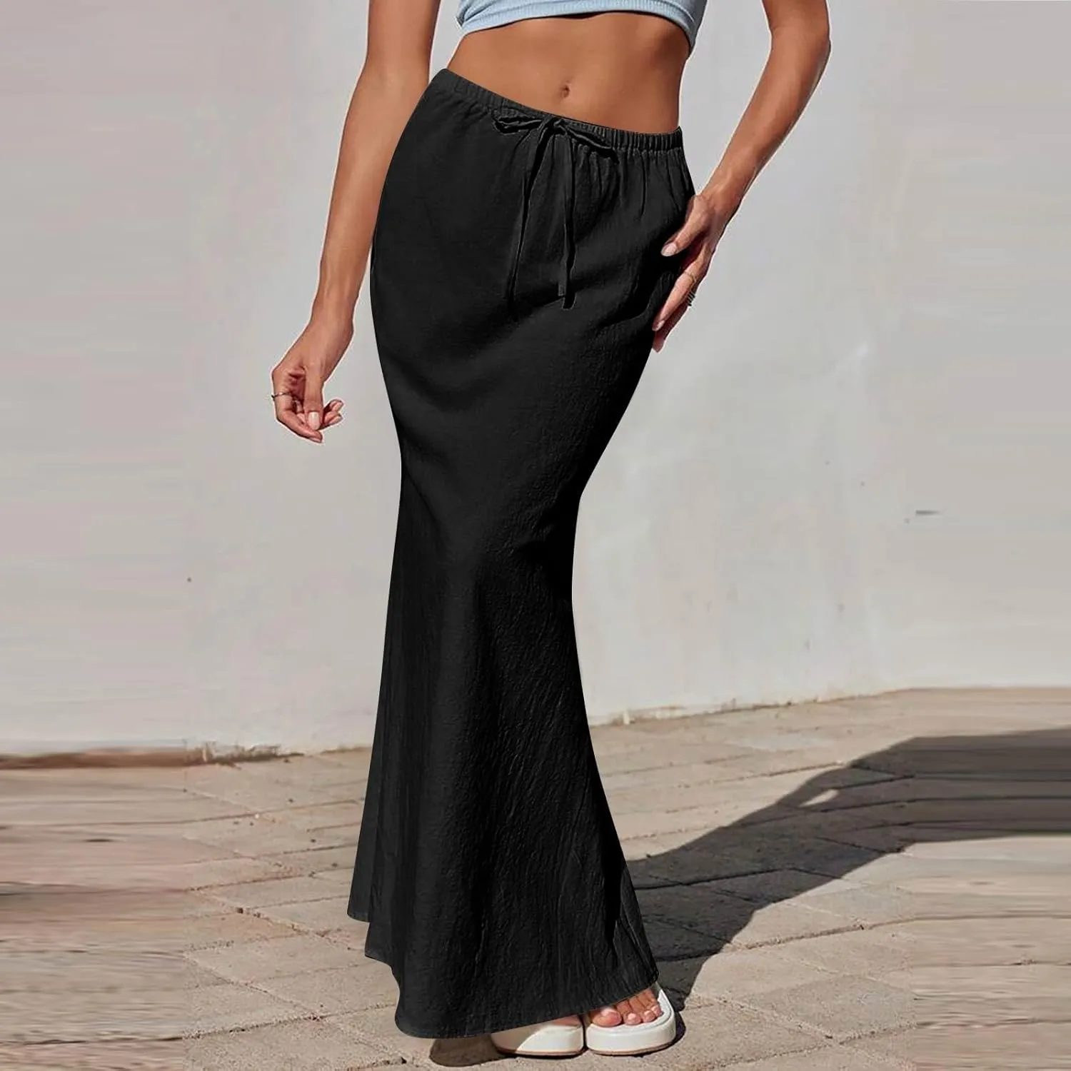 Linen Maxi Skirts for Women Summer Boho Low Rise A-Line Skirts Beach Vacation Long Flowy Fishtail Skirt with Back Slit