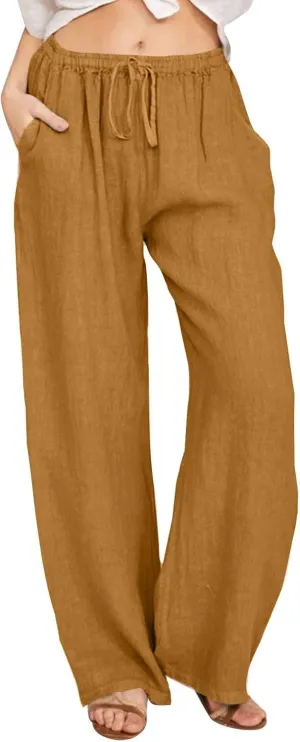 Linen Pants Women Summer Causal Drawstring High Waisted Work Pants Relaxed Fit Wide Leg Trouser Pants with Pockets