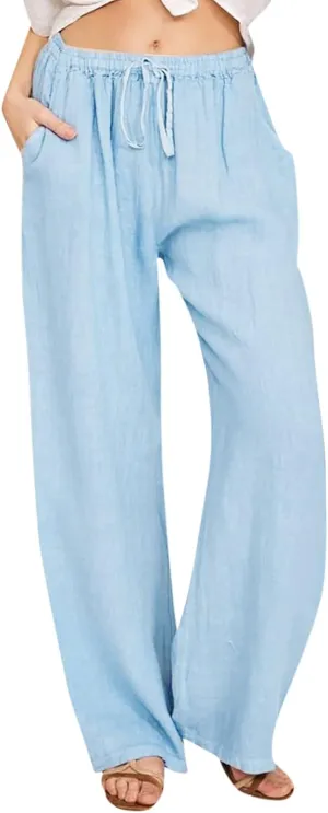 Linen Pants Women Summer Causal Drawstring High Waisted Work Pants Relaxed Fit Wide Leg Trouser Pants with Pockets