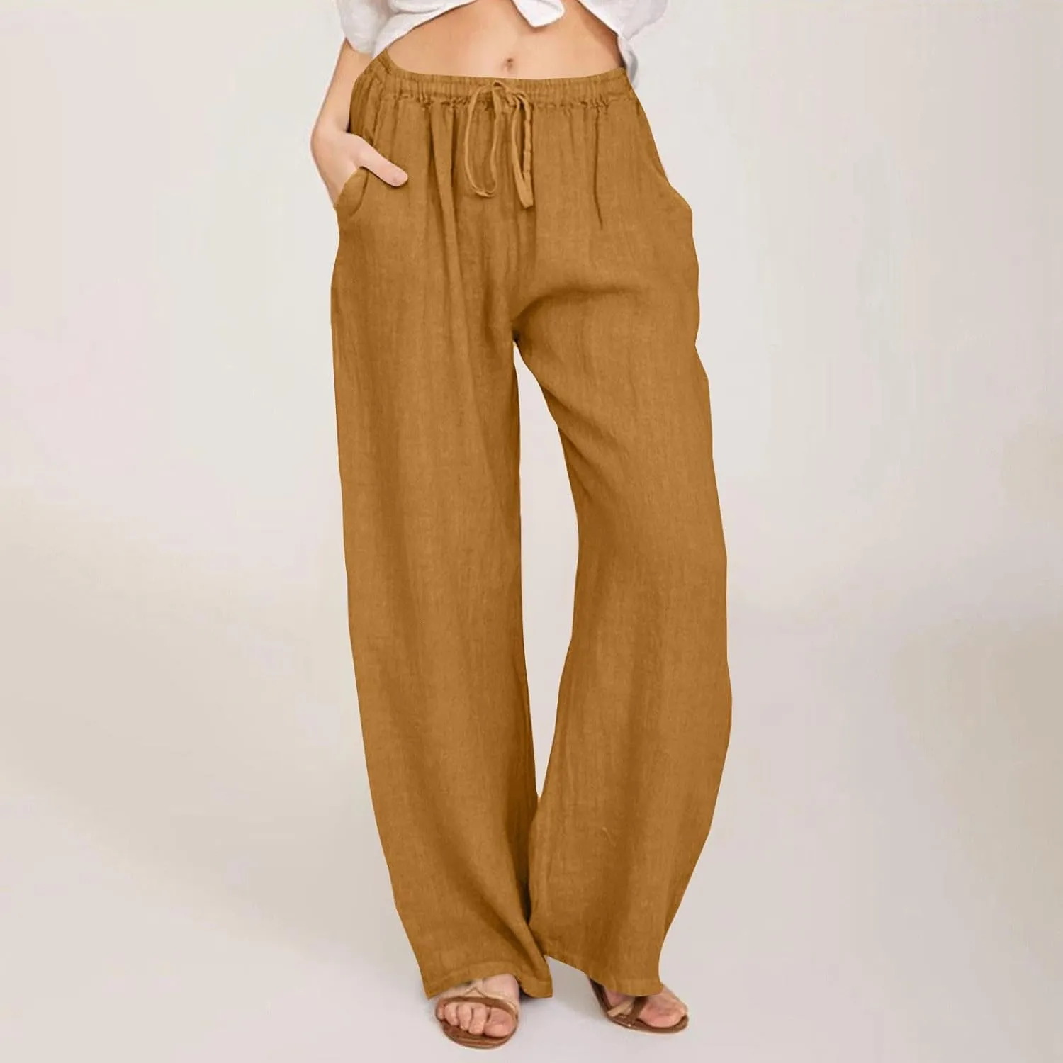 Linen Pants Women Summer Causal Drawstring High Waisted Work Pants Relaxed Fit Wide Leg Trouser Pants with Pockets