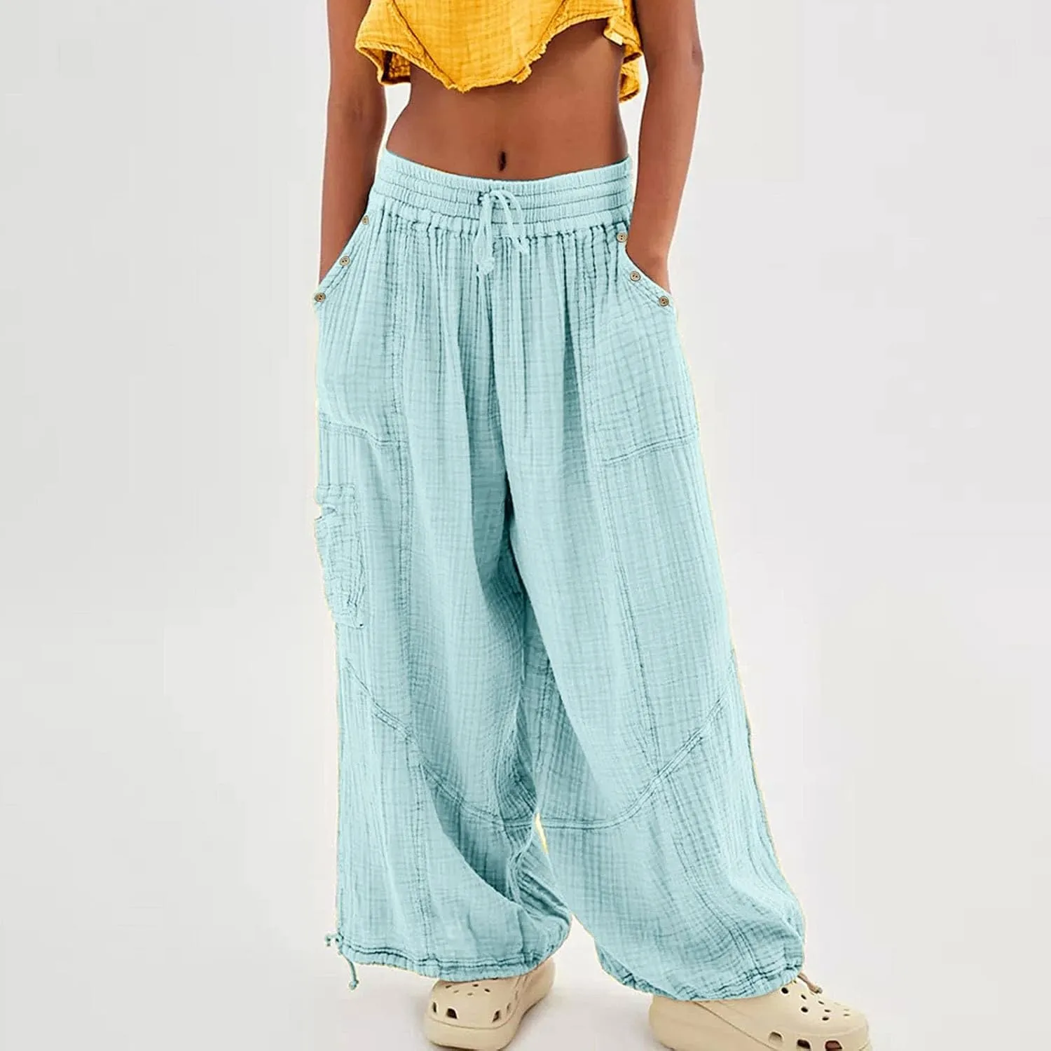 Linen Pants Women Wide Leg Harem Pants High Waist Drawstring Palazzo Pants Loose Fit Workout Trousers with