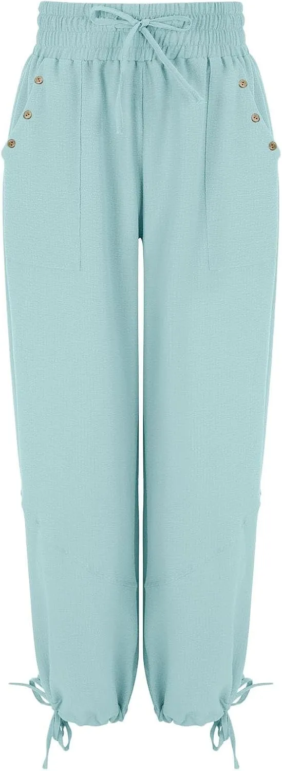 Linen Pants Women Wide Leg Harem Pants High Waist Drawstring Palazzo Pants Loose Fit Workout Trousers with