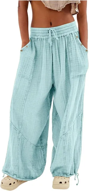 Linen Pants Women Wide Leg Harem Pants High Waist Drawstring Palazzo Pants Loose Fit Workout Trousers with