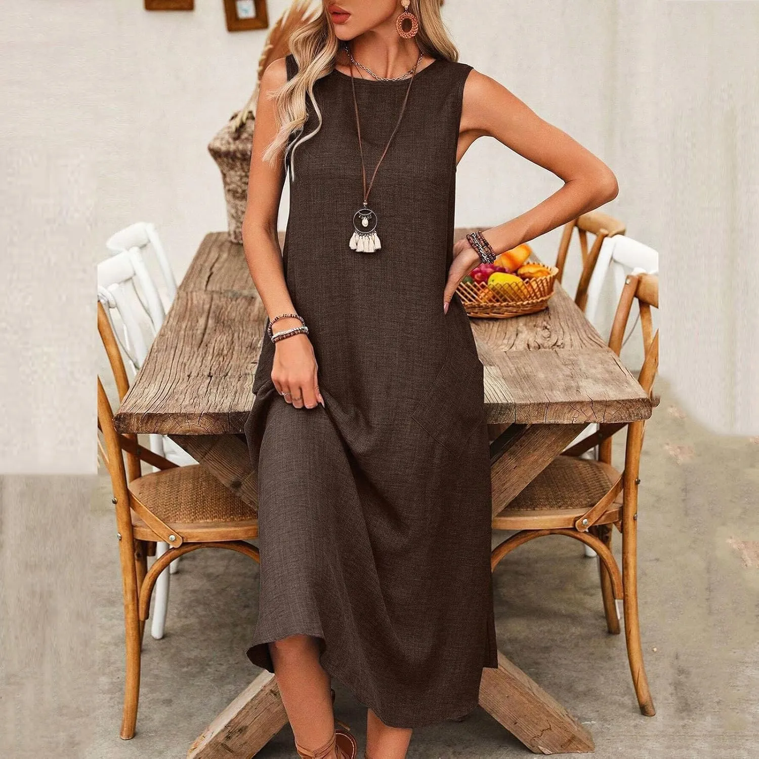 Long Dresses for Women 2025 Casual Loose Soft Sleeveless Tank Linen Dress Summer Flowy Boho Beach Maxi Sundresses
