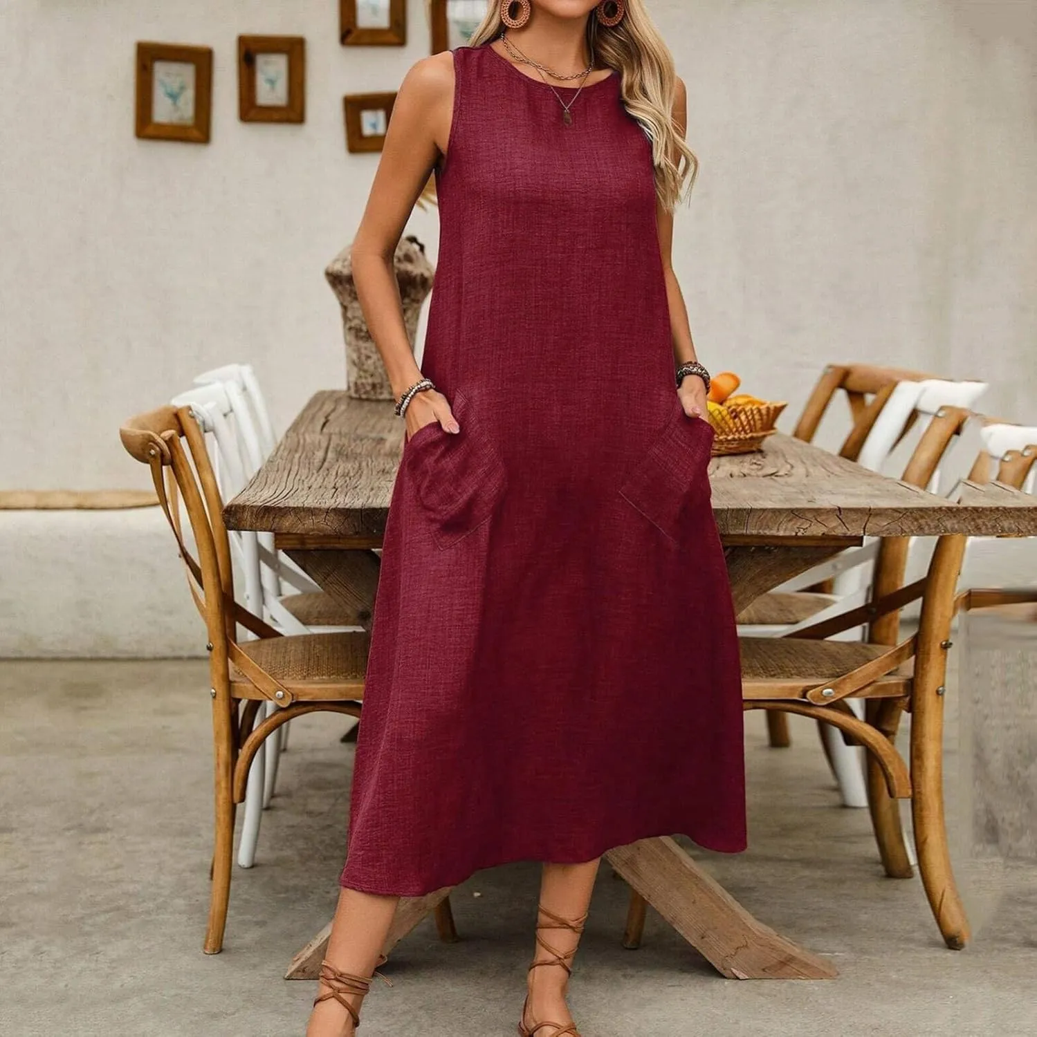 Long Dresses for Women 2025 Casual Loose Soft Sleeveless Tank Linen Dress Summer Flowy Boho Beach Maxi Sundresses