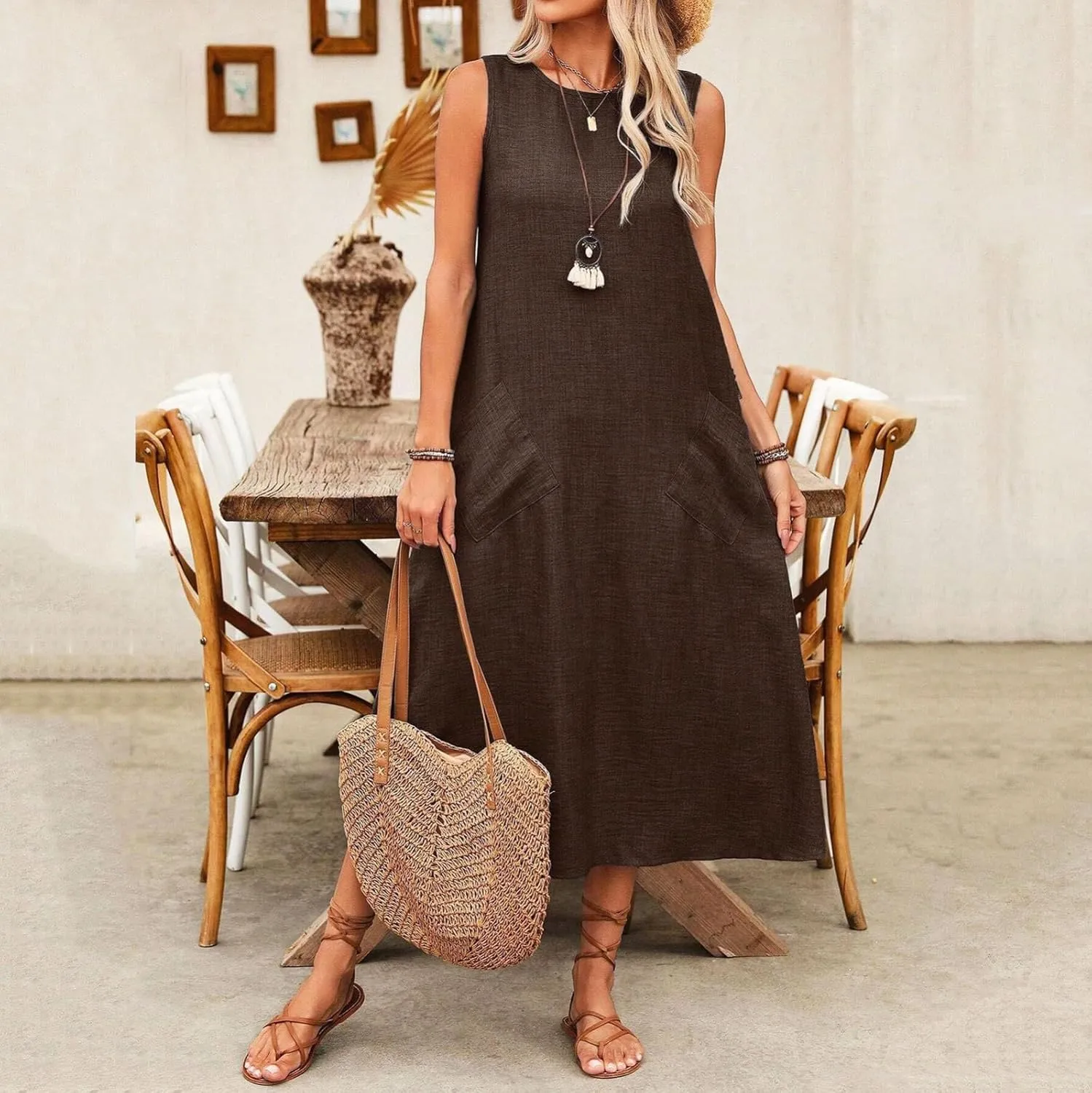 Long Dresses for Women 2025 Casual Loose Soft Sleeveless Tank Linen Dress Summer Flowy Boho Beach Maxi Sundresses
