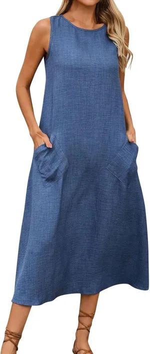 Long Dresses for Women 2025 Casual Loose Soft Sleeveless Tank Linen Dress Summer Flowy Boho Beach Maxi Sundresses