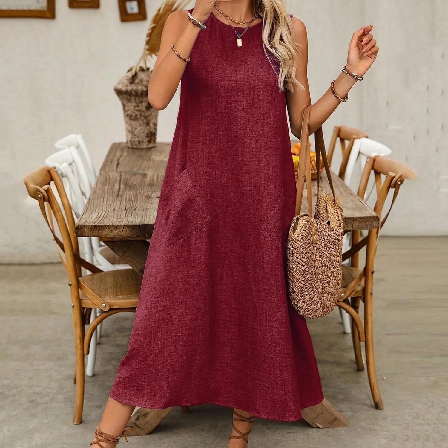 Long Dresses for Women 2025 Casual Loose Soft Sleeveless Tank Linen Dress Summer Flowy Boho Beach Maxi Sundresses