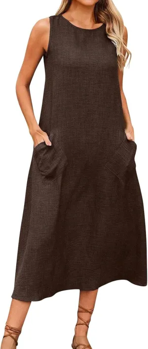 Long Dresses for Women 2025 Casual Loose Soft Sleeveless Tank Linen Dress Summer Flowy Boho Beach Maxi Sundresses