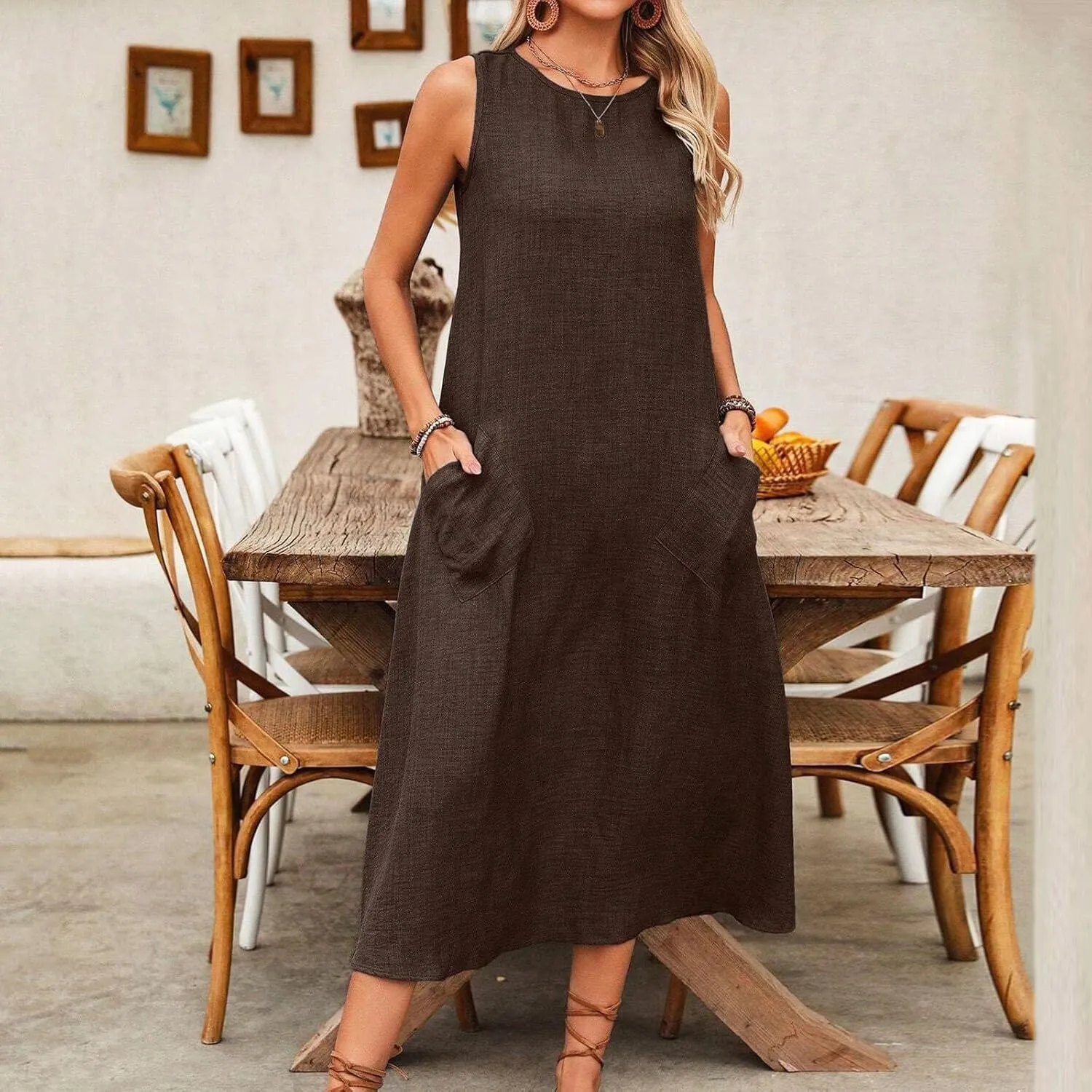 Long Dresses for Women 2025 Casual Loose Soft Sleeveless Tank Linen Dress Summer Flowy Boho Beach Maxi Sundresses