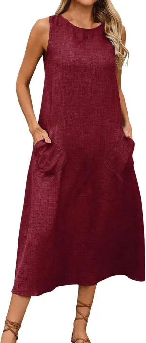 Long Dresses for Women 2025 Casual Loose Soft Sleeveless Tank Linen Dress Summer Flowy Boho Beach Maxi Sundresses