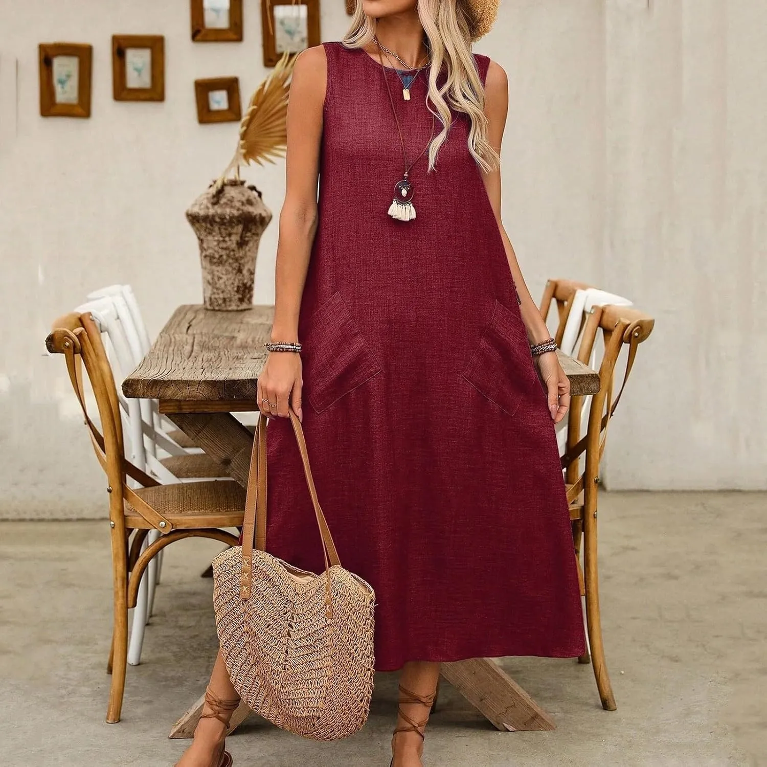 Long Dresses for Women 2025 Casual Loose Soft Sleeveless Tank Linen Dress Summer Flowy Boho Beach Maxi Sundresses