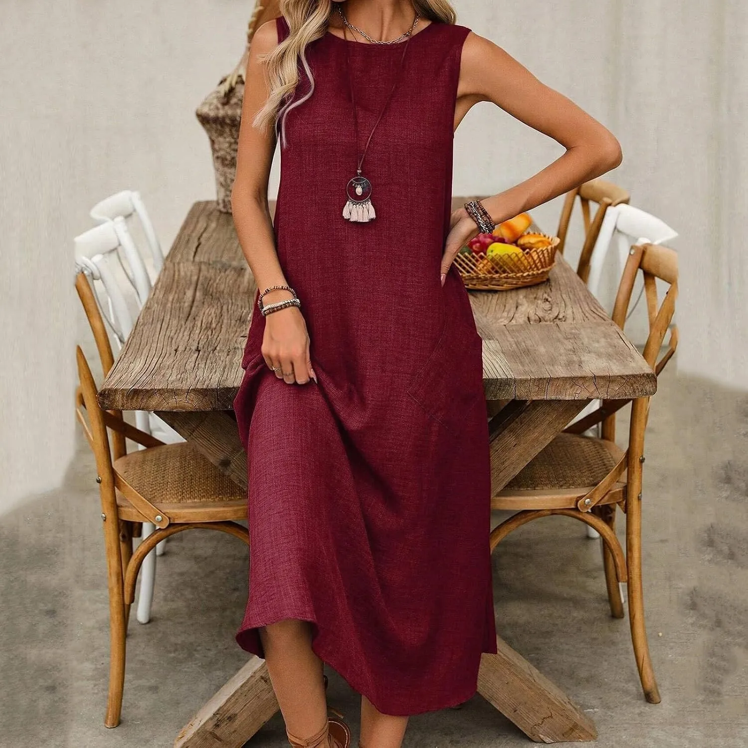 Long Dresses for Women 2025 Casual Loose Soft Sleeveless Tank Linen Dress Summer Flowy Boho Beach Maxi Sundresses