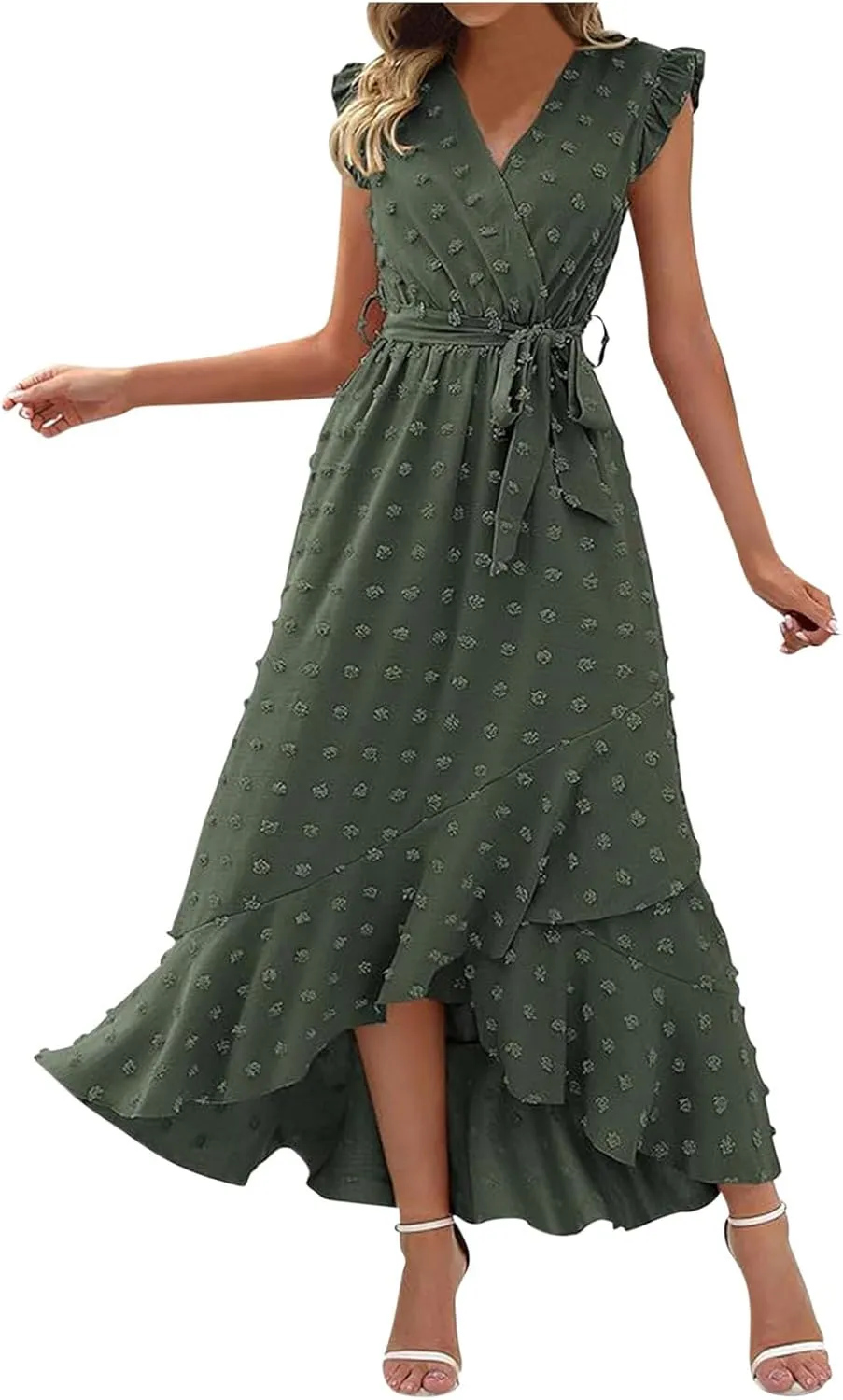 Long Dresses for Women Casual Loose Soft Flowy V Neck Sleeveless Wrap Dress Summer Asymmetrical Slit Maxi Sundress