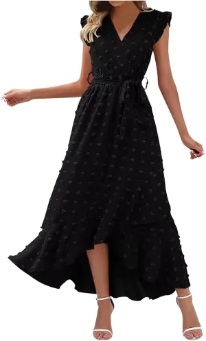 Long Dresses for Women Casual Loose Soft Flowy V Neck Sleeveless Wrap Dress Summer Asymmetrical Slit Maxi Sundress