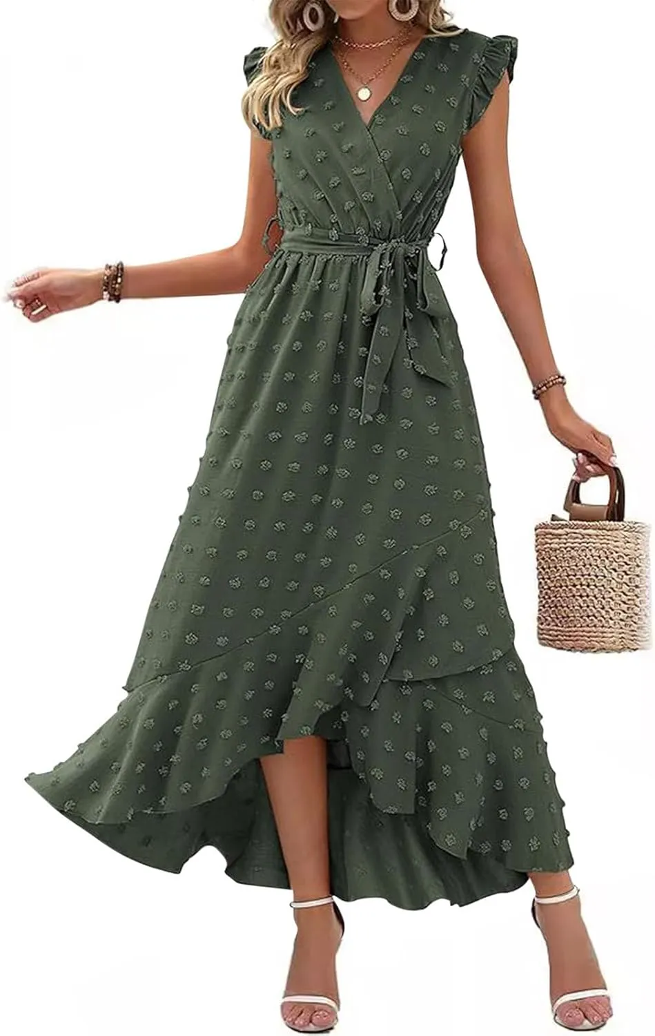 Long Dresses for Women Casual Loose Soft Flowy V Neck Sleeveless Wrap Dress Summer Asymmetrical Slit Maxi Sundress