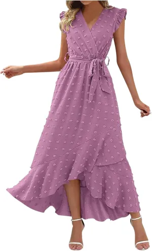 Long Dresses for Women Casual Loose Soft Flowy V Neck Sleeveless Wrap Dress Summer Asymmetrical Slit Maxi Sundress