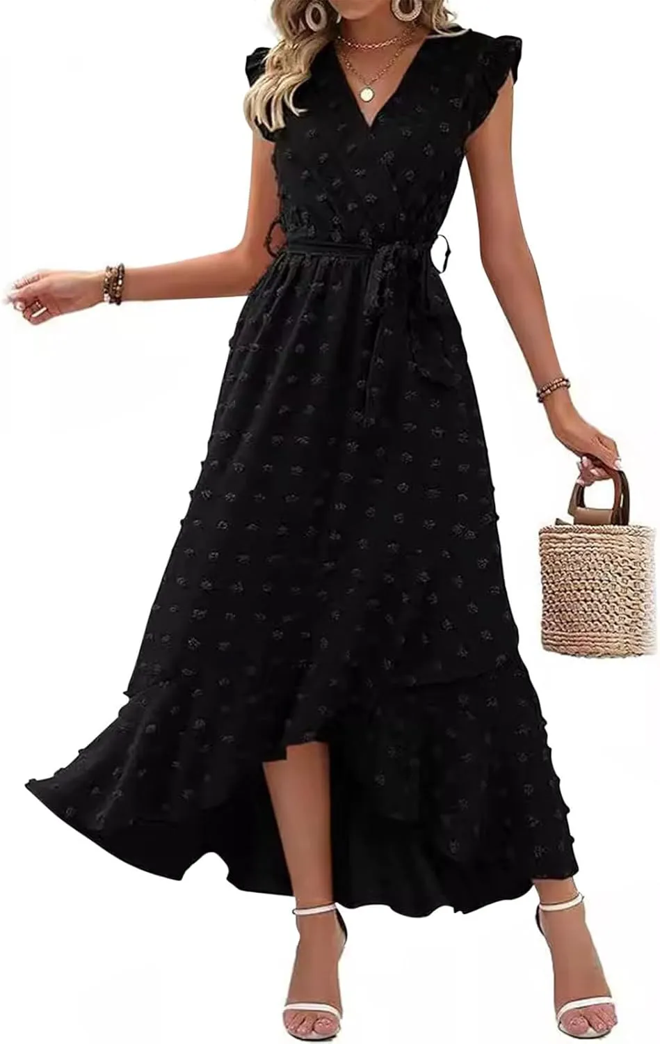 Long Dresses for Women Casual Loose Soft Flowy V Neck Sleeveless Wrap Dress Summer Asymmetrical Slit Maxi Sundress