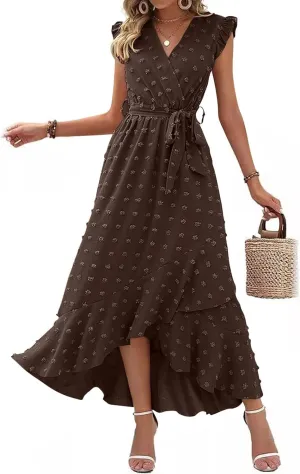 Long Dresses for Women Casual Loose Soft Flowy V Neck Sleeveless Wrap Dress Summer Asymmetrical Slit Maxi Sundress