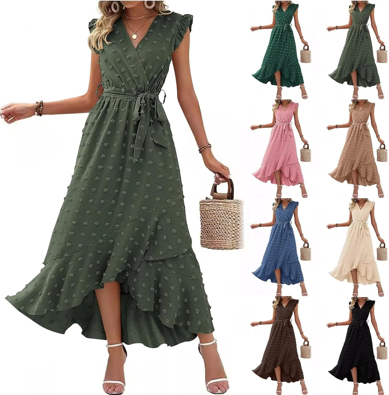 Long Dresses for Women Casual Loose Soft Flowy V Neck Sleeveless Wrap Dress Summer Asymmetrical Slit Maxi Sundress