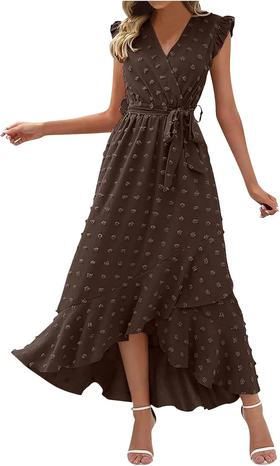 Long Dresses for Women Casual Loose Soft Flowy V Neck Sleeveless Wrap Dress Summer Asymmetrical Slit Maxi Sundress