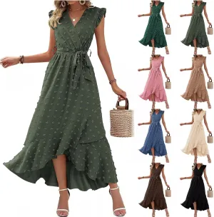 Long Dresses for Women Casual Loose Soft Flowy V Neck Sleeveless Wrap Dress Summer Asymmetrical Slit Maxi Sundress