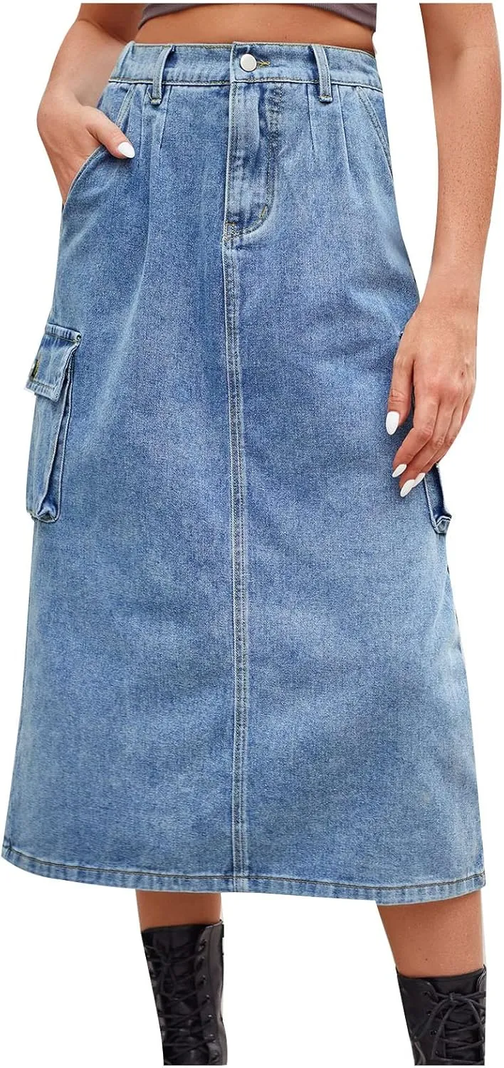 Long Jean Skirt for Women Cowgirl Y2K Cargo Skirt High Waisted Pencil Skirt Casual A-Line Midi Skirt with Pockets