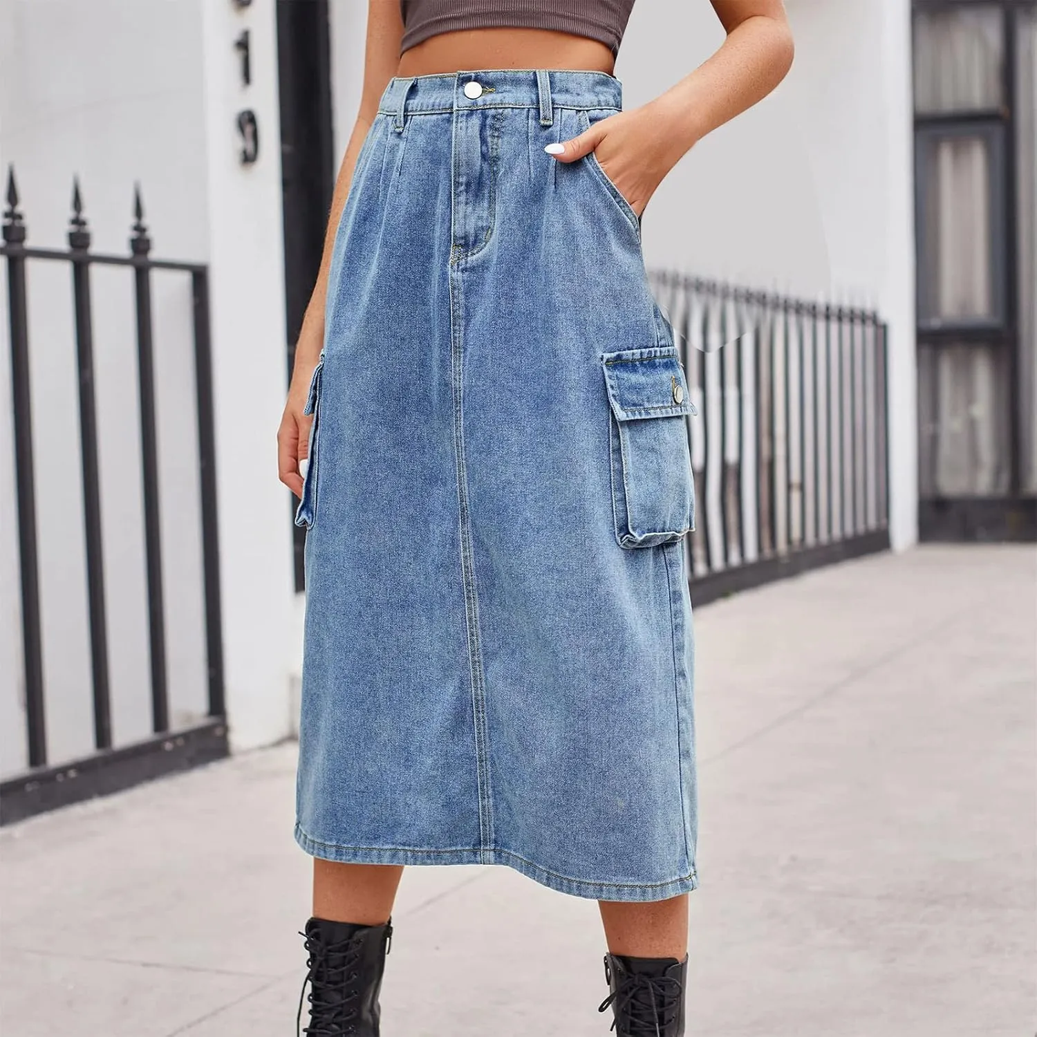 Long Jean Skirt for Women Cowgirl Y2K Cargo Skirt High Waisted Pencil Skirt Casual A-Line Midi Skirt with Pockets