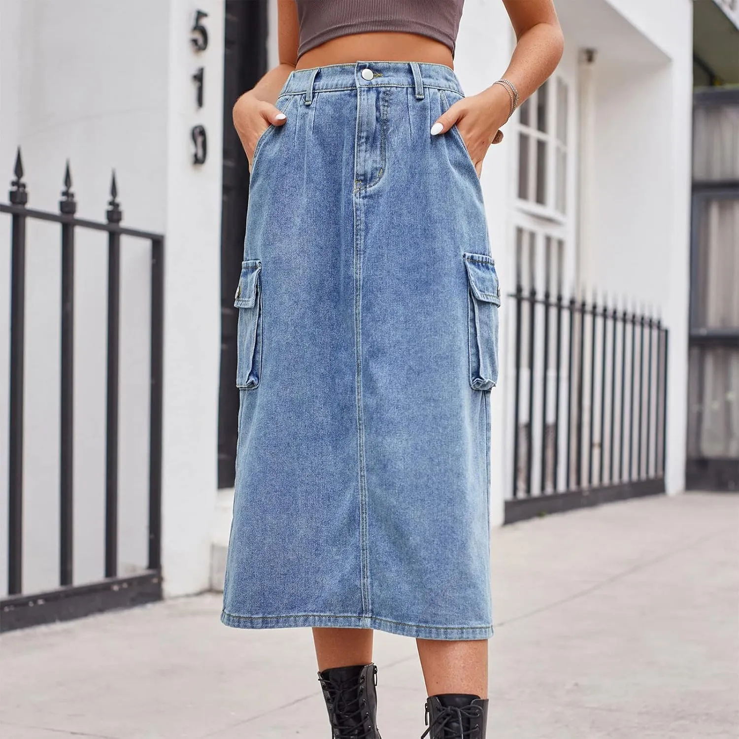 Long Jean Skirt for Women Cowgirl Y2K Cargo Skirt High Waisted Pencil Skirt Casual A-Line Midi Skirt with Pockets