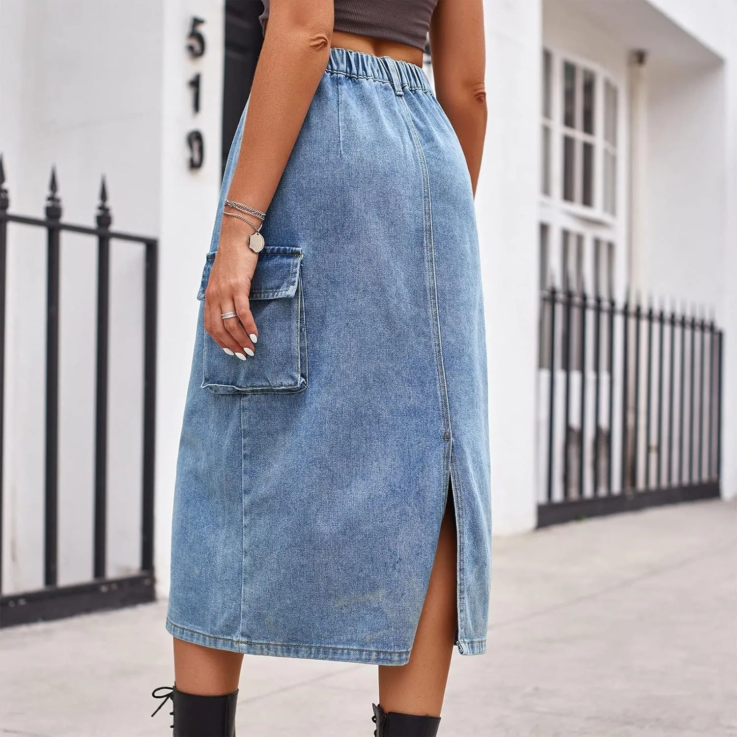 Long Jean Skirt for Women Cowgirl Y2K Cargo Skirt High Waisted Pencil Skirt Casual A-Line Midi Skirt with Pockets