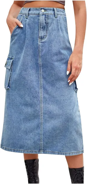 Long Jean Skirt for Women Cowgirl Y2K Cargo Skirt High Waisted Pencil Skirt Casual A-Line Midi Skirt with Pockets
