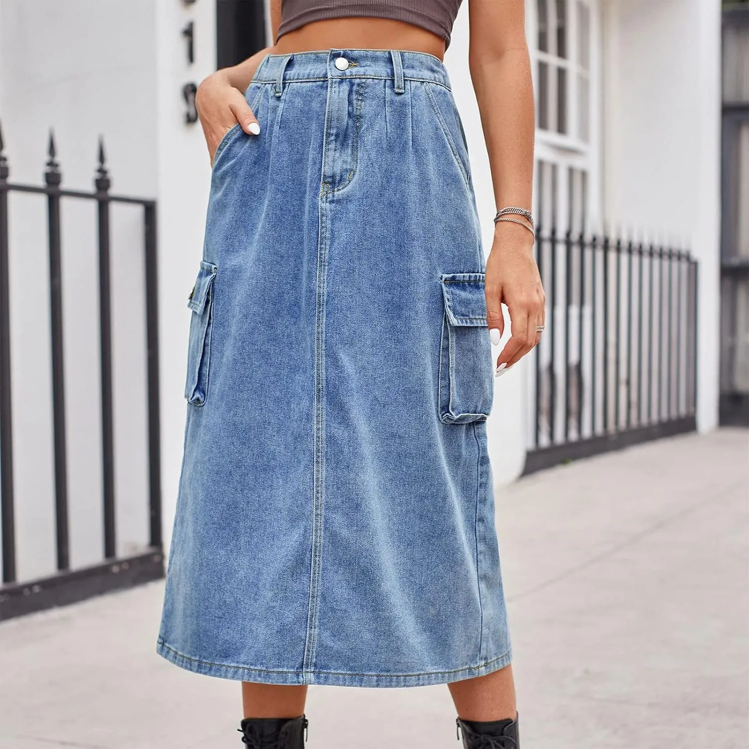 Long Jean Skirt for Women Cowgirl Y2K Cargo Skirt High Waisted Pencil Skirt Casual A-Line Midi Skirt with Pockets