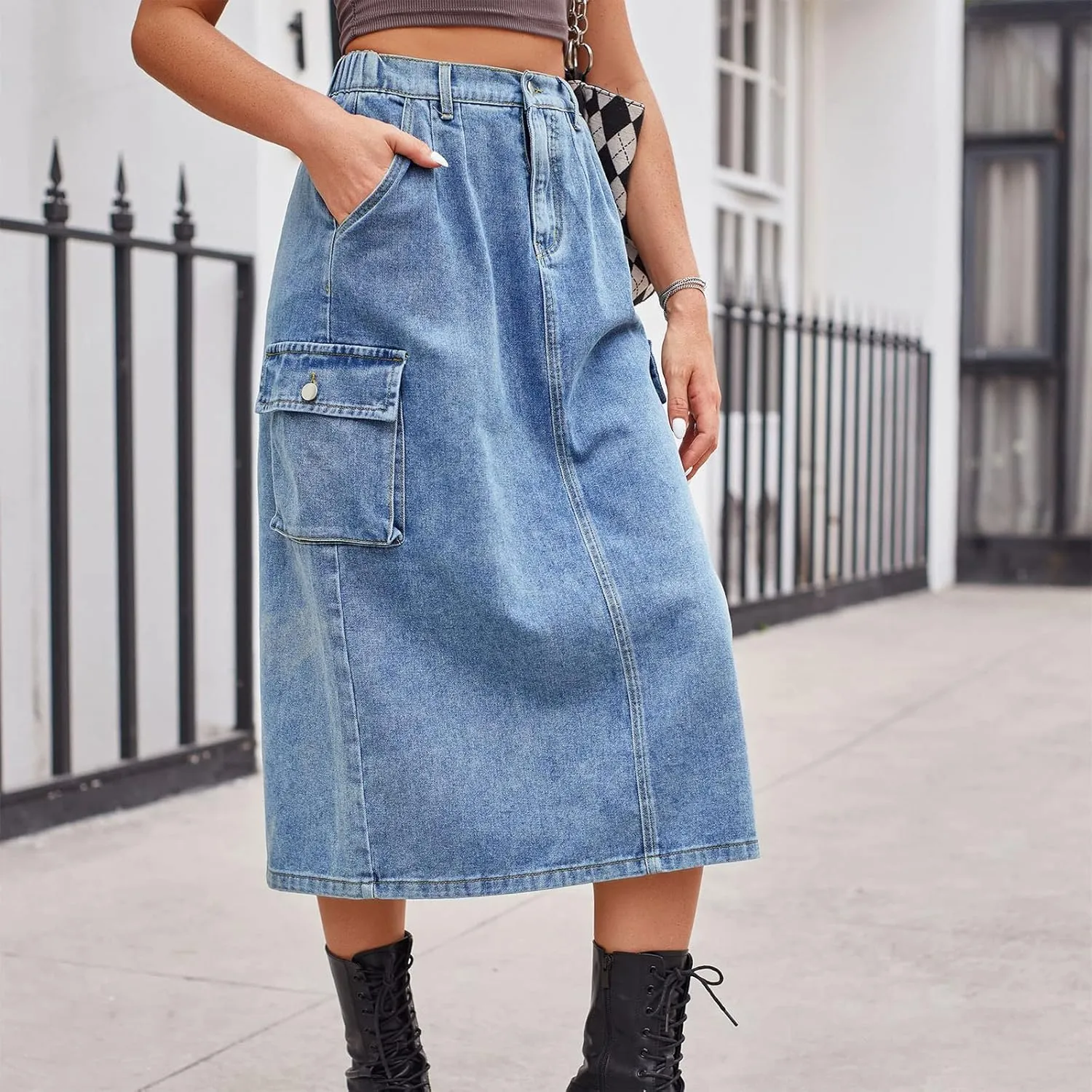 Long Jean Skirt for Women Cowgirl Y2K Cargo Skirt High Waisted Pencil Skirt Casual A-Line Midi Skirt with Pockets