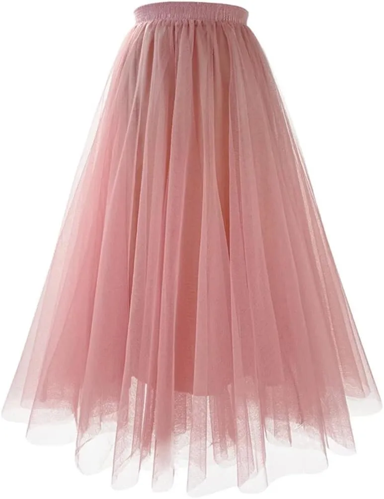 Long Maxi Tulle Skirt Spring for Women Elastic Waist Pleated Skirt Women Mesh Floor-Length Long Skirts Lady