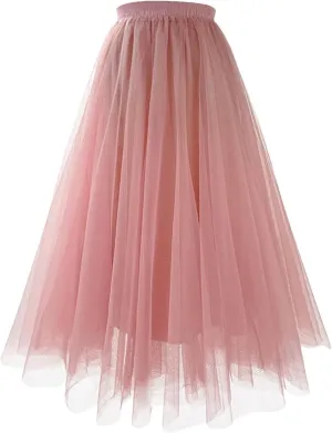 Long Maxi Tulle Skirt Spring for Women Elastic Waist Pleated Skirt Women Mesh Floor-Length Long Skirts Lady