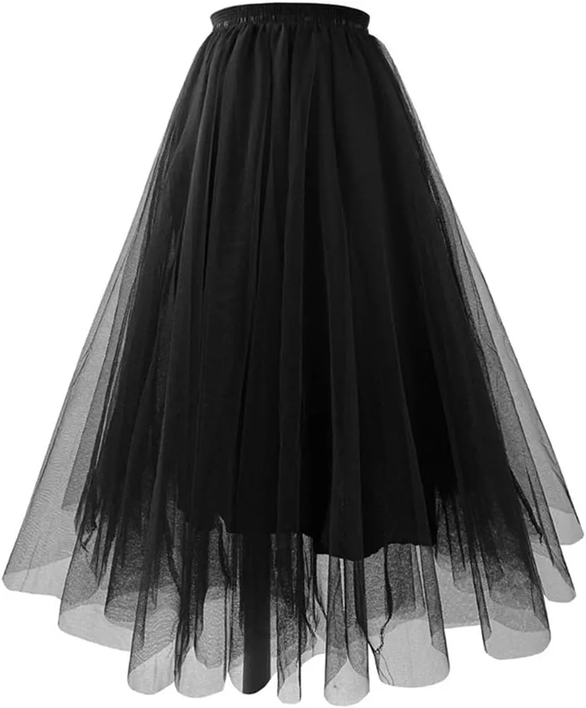 Long Maxi Tulle Skirt Spring for Women Elastic Waist Pleated Skirt Women Mesh Floor-Length Long Skirts Lady