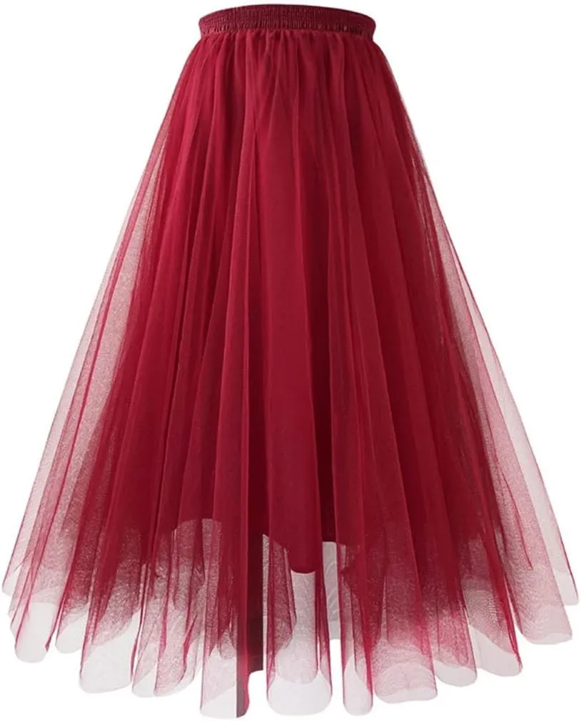 Long Maxi Tulle Skirt Spring for Women Elastic Waist Pleated Skirt Women Mesh Floor-Length Long Skirts Lady
