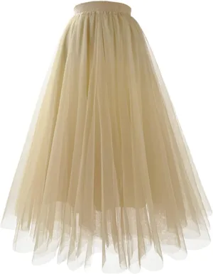 Long Skirt Women's Tutu Tulle A-Line Layered Mesh Midi Skirt Pleated Skirt High Waist Skirts for Women 011